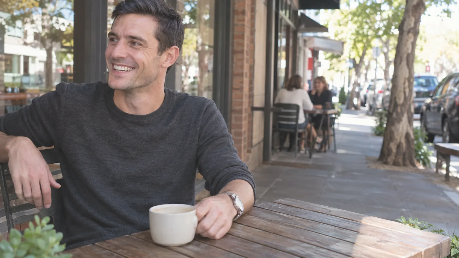 A man sitting at an outdoor cafe table with a coffee cup, laughing.