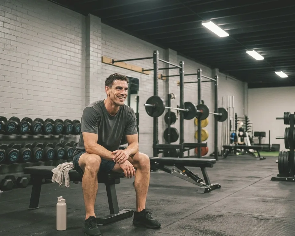 A fit man resting between sets on a bench in a busy gym.