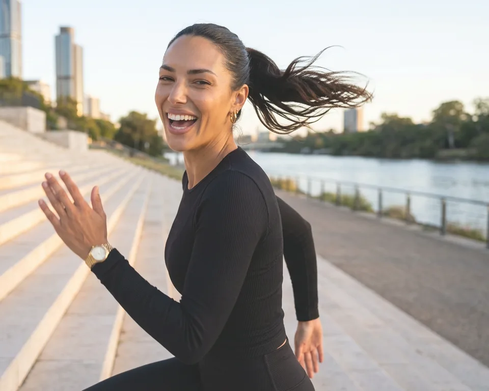 A woman in activewear bounding up wide riverside steps in bright late-afternoon light.