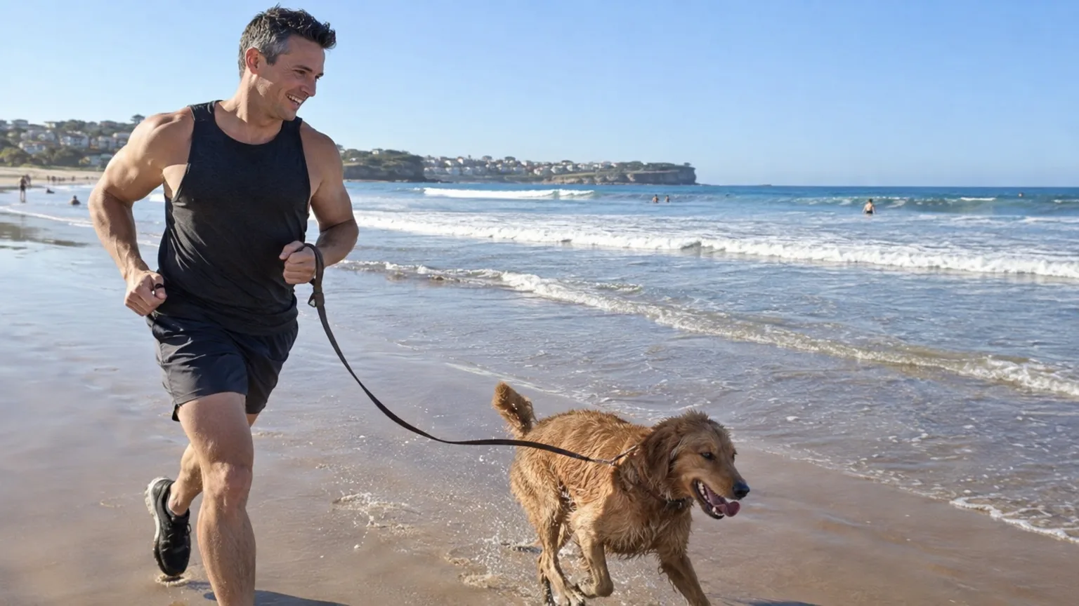 A man in his late thirties running at the water's edge of a beach in bright morning sun, smiling, with his golden retriever on a lead beside him.
