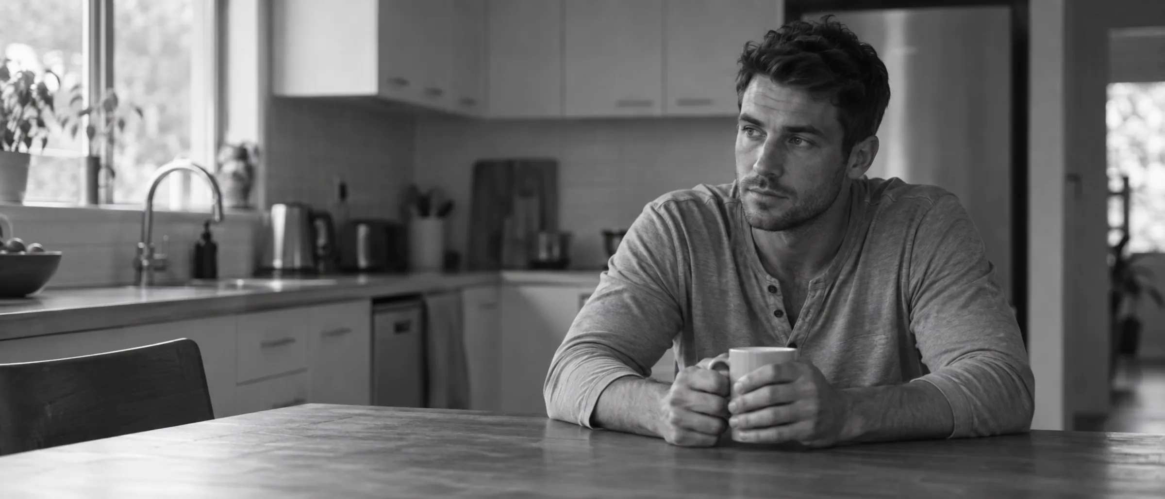 A man sitting at a kitchen table holding a mug with both hands, looking off to one side.