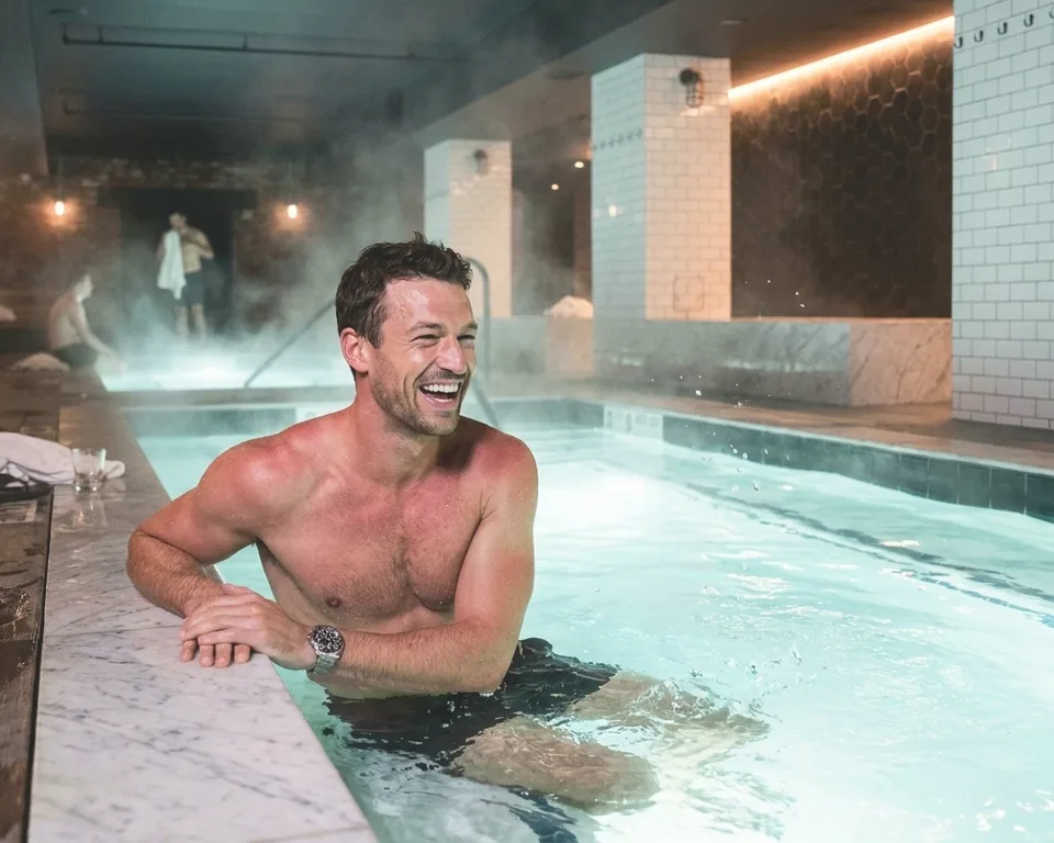 A fit young man laughing in a steaming indoor plunge pool.