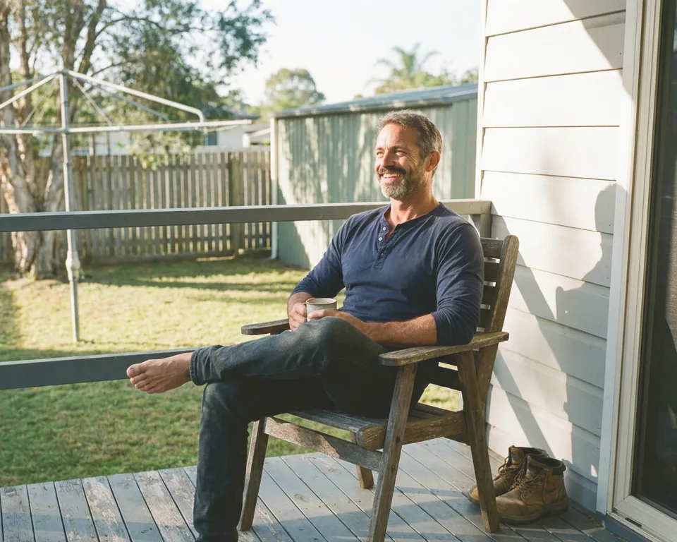 A smiling man with a grey beard relaxing on his back deck with a mug.